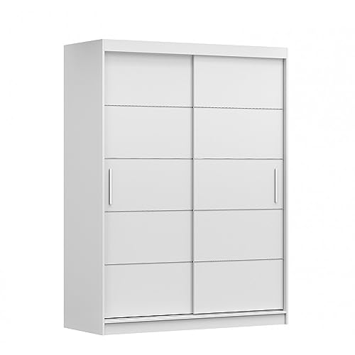 MOEBLO Kleiderschrank Schwebetürenschrank 2-türig Schrank mit vielen Einlegeböden und Kleiderstange Gaderobe Schiebtüren BxHxT 150x200x61 - Lara 6 (Weiß + Weiß) von MOEBLO