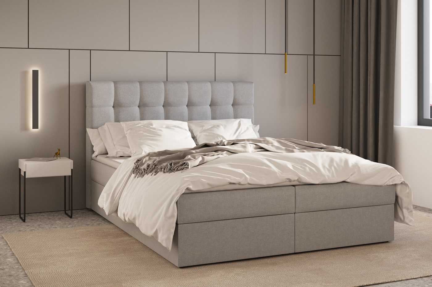 MOEBLO Boxspringbett Bett 05 (Polsterbett Kontinentalbett, Bonell-Matratze und Topper, Doppelbett, gepolstertes Kopfteil mit Bettkasten), gepolstertes Kopfteil mit Bettkasten von MOEBLO