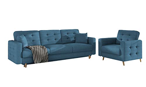 MOEBLO Couchgarnitur 3+1 Sofa 3-Sitzer + Sessel Sofa Garnitur Stoff Glamour Wohnlandschaft - Aslan (Türkis (Kronos 13)) von MOEBLO