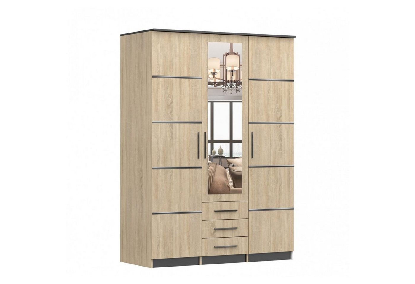 MOEBLO Drehtürenschrank ANTIS 3D I (Kleiderschrank 3-türig Schrank Garderobe Schlafzimmer, mit Spiegel, Schubladen und Lamellen) (BxHxT):152x208x61cm von MOEBLO