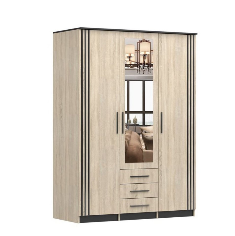 MOEBLO Drehtürenschrank ANTIS 3D II (mit Spiegel, Schubladen und Lamellen, Kleiderschrank 3-türig Schrank Garderobe Schlafzimmer) (HxBxT):208x152x61cm von MOEBLO