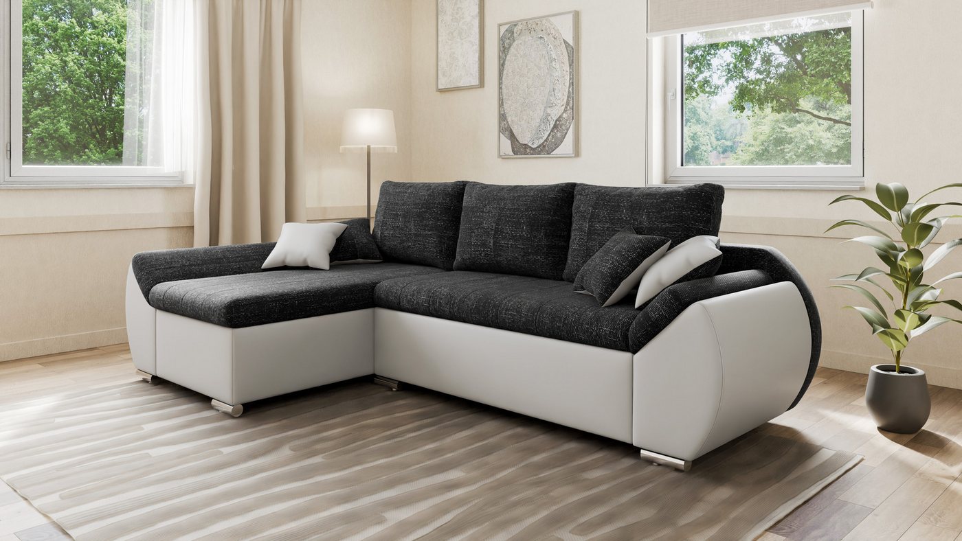 MOEBLO Ecksofa ALEX, L-Form mit Hocker & Schlaffunktion, Strukturstoff + Kunstleder, inkl. Bettkasten & Kissen, (BxHxT): 275 × 90 × 155 cm von MOEBLO