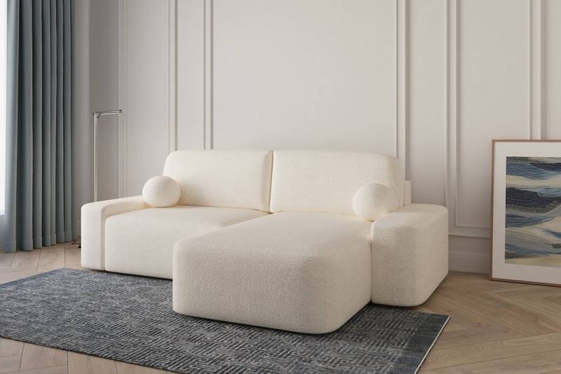 MOEBLO Ecksofa Lisbon aus Bouclé, Ottomane beidseitig montierbar Couch für Wohnzimmer Schlafsofa Sofagarnitur Sofa Eckcouch L-Form, mit Schlaffunktion und Bettkasten von MOEBLO