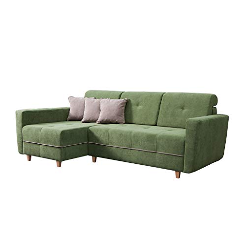 MOEBLO Ecksofa Sofa für Wohnzimmer Couch Eckcouch mit Bettkasten und Schlaffunktion - Skandinavisch Still - Tucson New (Grün, Ecksofa Links) von MOEBLO