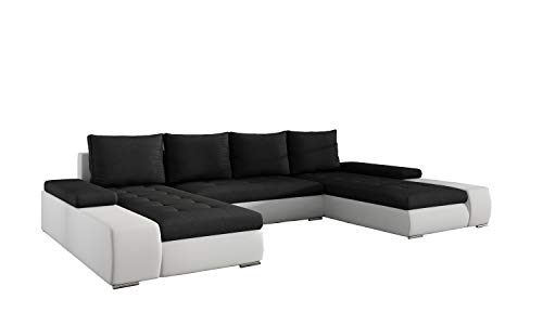 MOEBLO Ecksofa mit Schlaffunktion mit Bettkasten Couch U-Form Polstergarnitur Wohnlandschaft Polstersofa mit Ottomane Couchgranitur - LARINO (Schwarz + Weiß (Sawana 14 + Soft 17)) von MOEBLO