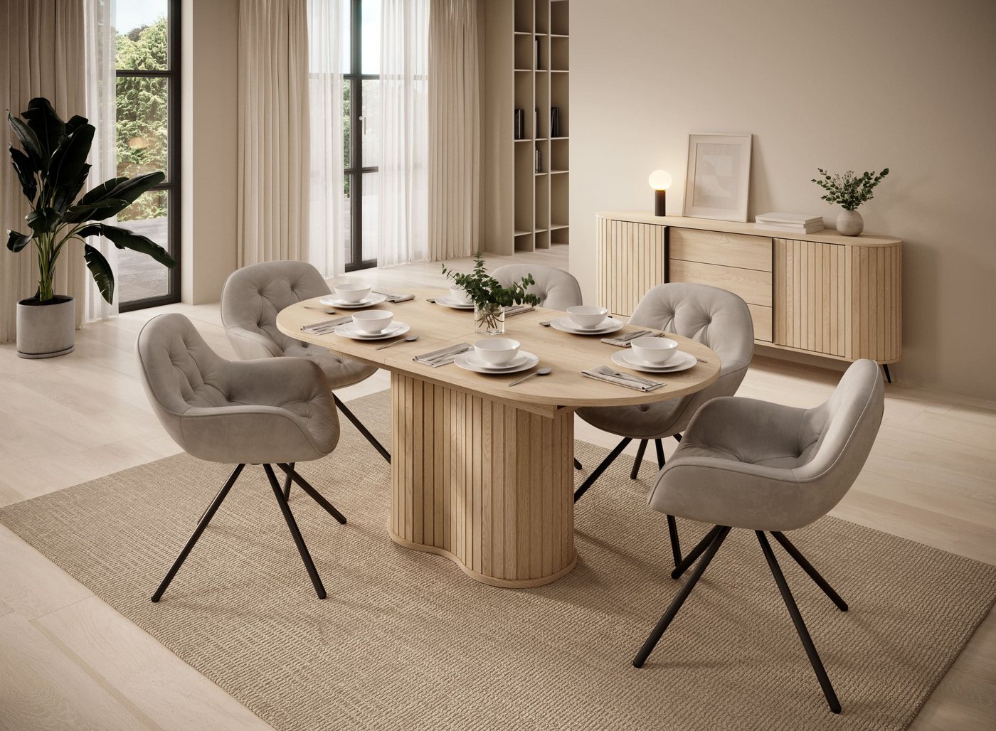 MOEBLO Esstisch Ausziehbarer NOLI (ovaler Esstisch Glatte Tischplatte auf Basis mit Rillenstruktur, 3D-Optik, Design-Fronten in Eiche Cremona), (BxHxT): 180–220 x 75,6 x 90 cm von MOEBLO