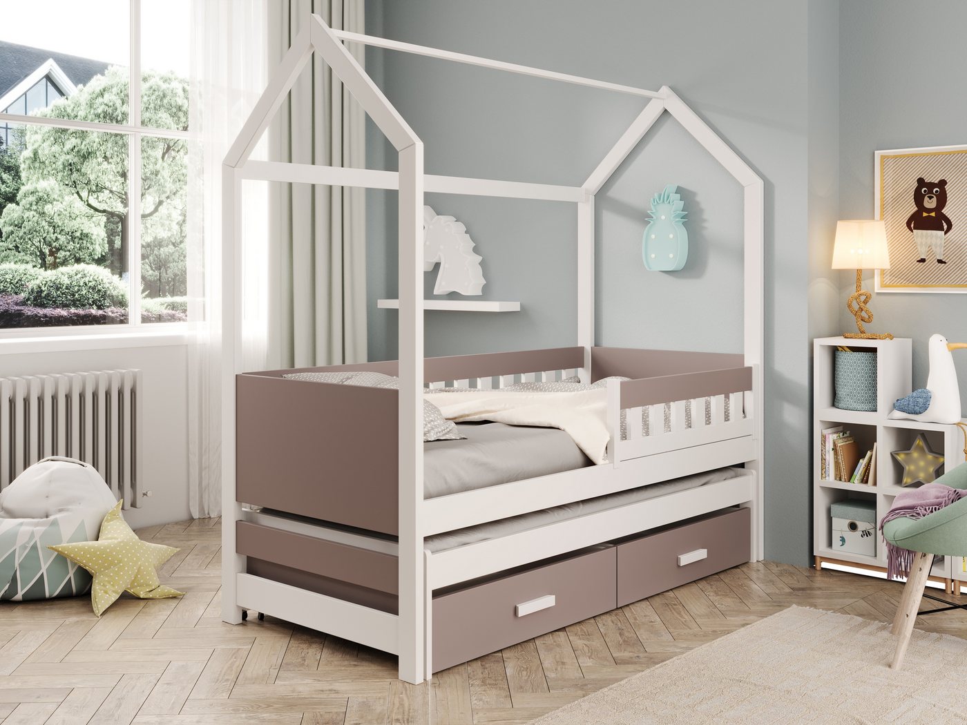 MOEBLO Hausbett JUNO (Kinderbett mit Ausziehbett & Schubladen, Massivholz, Hausbett Kinder Kinderbett mit Ausziehbett Kinderbett mit Schubladen Doppelbett Kinder Jugendbett mit Auszug, Mit oder ohne Matratze wählbar), Erhältlich in 2 Größen: 180×80 cm, 200×90 cm MOEBLO Hausbett JUNO (Kinderbett mit Ausziehbett & Schubladen, Massivholz, Hausbett Kinder Kinderbett mit Ausziehbett Kinderbett mit Schubladen Doppelbett Kinder Jugendbett mit Auszug, Mit oder ohne Matratze wählbar), Erhältlich in 2 Größen: 180×80 cm, 200×90 cm von MOEBLO