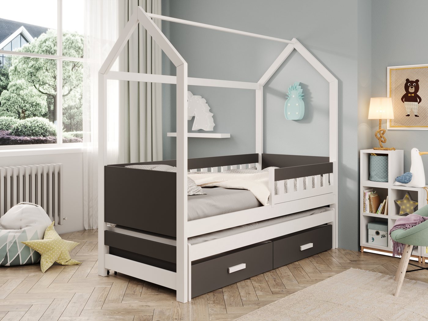 MOEBLO Hausbett JUNO (Kinderbett mit Ausziehbett & Schubladen, Massivholz, Hausbett Kinder Kinderbett mit Ausziehbett Kinderbett mit Schubladen Doppelbett Kinder Jugendbett mit Auszug, Mit oder ohne Matratze wählbar), Erhältlich in 2 Größen: 180×80 cm, 200×90 cm MOEBLO Hausbett JUNO (Kinderbett mit Ausziehbett & Schubladen, Massivholz, Hausbett Kinder Kinderbett mit Ausziehbett Kinderbett mit Schubladen Doppelbett Kinder Jugendbett mit Auszug, Mit oder ohne Matratze wählbar), Erhältlich in 2 Größen: 180×80 cm, 200×90 cm von MOEBLO