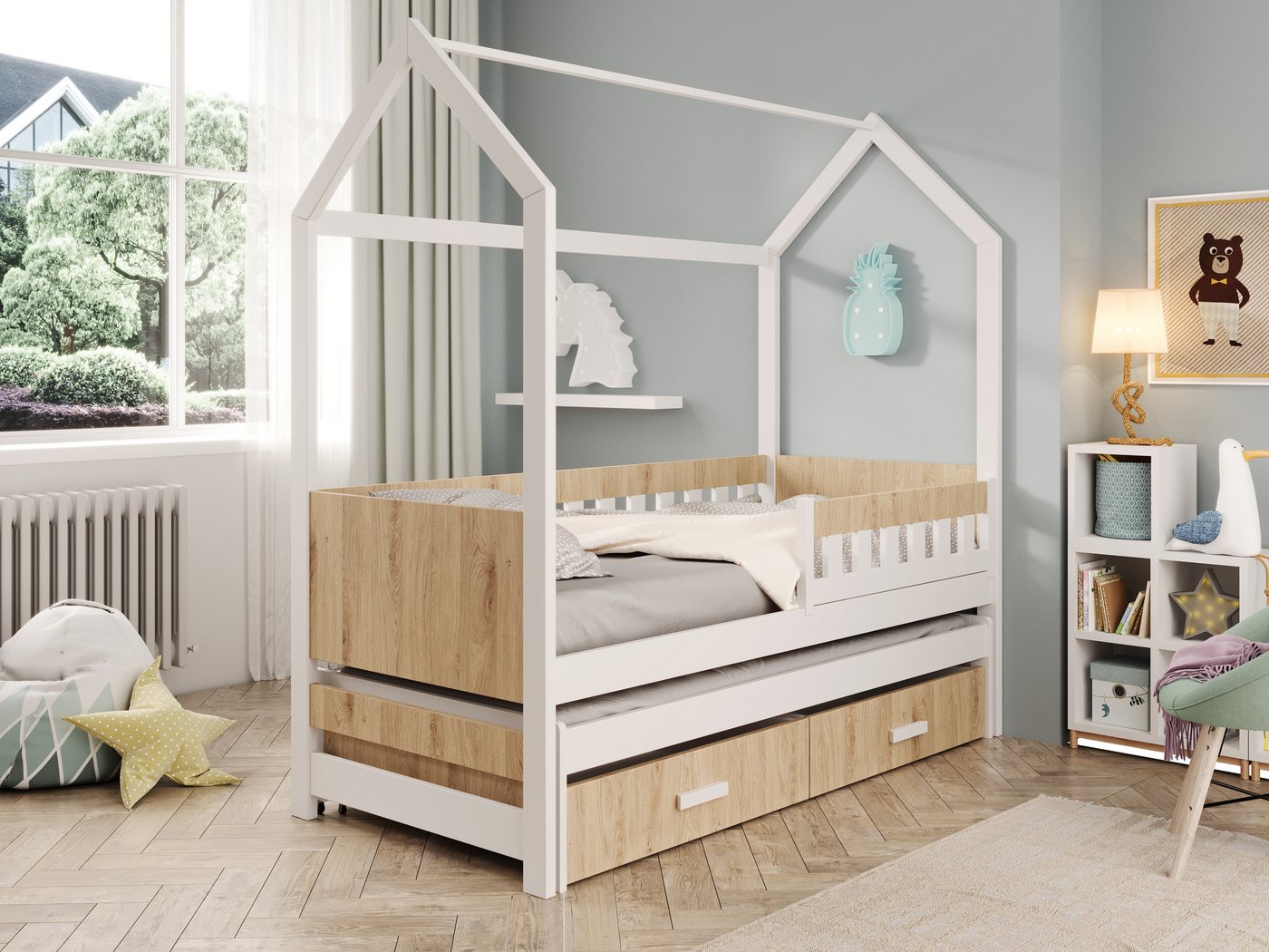 MOEBLO Hausbett JUNO (Kinderbett mit Ausziehbett & Schubladen, Massivholz, Hausbett Kinder Kinderbett mit Ausziehbett Kinderbett mit Schubladen Doppelbett Kinder Jugendbett mit Auszug, Mit oder ohne Matratze wählbar), Erhältlich in 2 Größen: 180×80 cm, 200×90 cm von MOEBLO