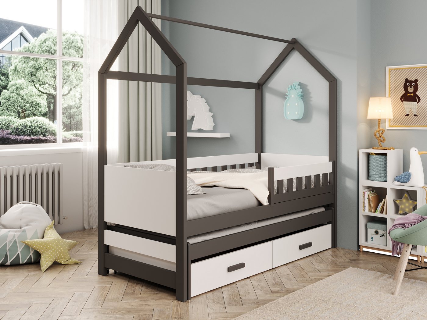 MOEBLO Hausbett JUNO (Kinderbett mit Ausziehbett & Schubladen, Massivholz, Hausbett Kinder Kinderbett mit Ausziehbett Kinderbett mit Schubladen Doppelbett Kinder Jugendbett mit Auszug, Mit oder ohne Matratze wählbar), Erhältlich in 2 Größen: 180×80 cm, 200×90 cm MOEBLO Hausbett JUNO (Kinderbett mit Ausziehbett & Schubladen, Massivholz, Hausbett Kinder Kinderbett mit Ausziehbett Kinderbett mit Schubladen Doppelbett Kinder Jugendbett mit Auszug, Mit oder ohne Matratze wählbar), Erhältlich in 2 Größen: 180×80 cm, 200×90 cm von MOEBLO