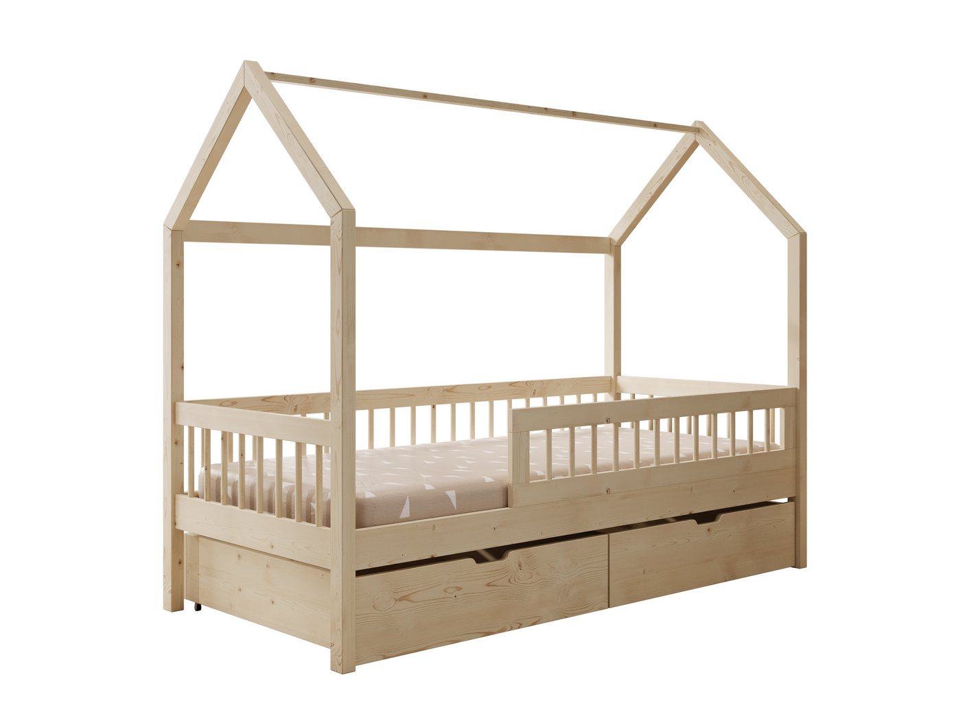MOEBLO Hausbett Lumia (180x80 cm – Kinderbett Hausform aus Kiefer, mit Matratze, mit Schublade, naturfarben, skandinavisches Design, Bett mit Stauraum Kinderzimmer), In 3 Größen & Farben verfügbar von MOEBLO