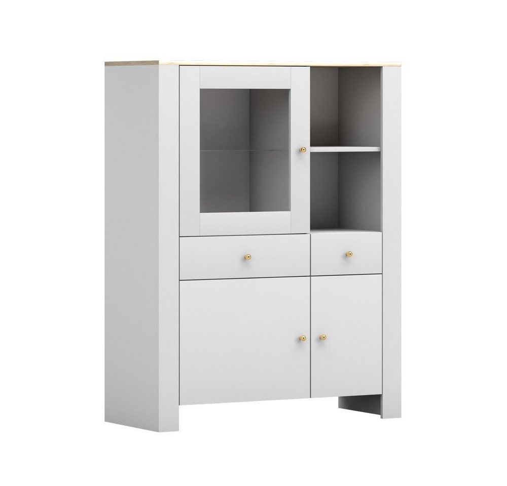 MOEBLO Highboard Regal GAWIN 02 (goldenen Griffe, Weiß matt + Eiche Hickory, Sideboard Wohnzimmer Kommode Schlafzimmer Komodenschrank Highboard), (WxHxD):100x130x40,50cm von MOEBLO