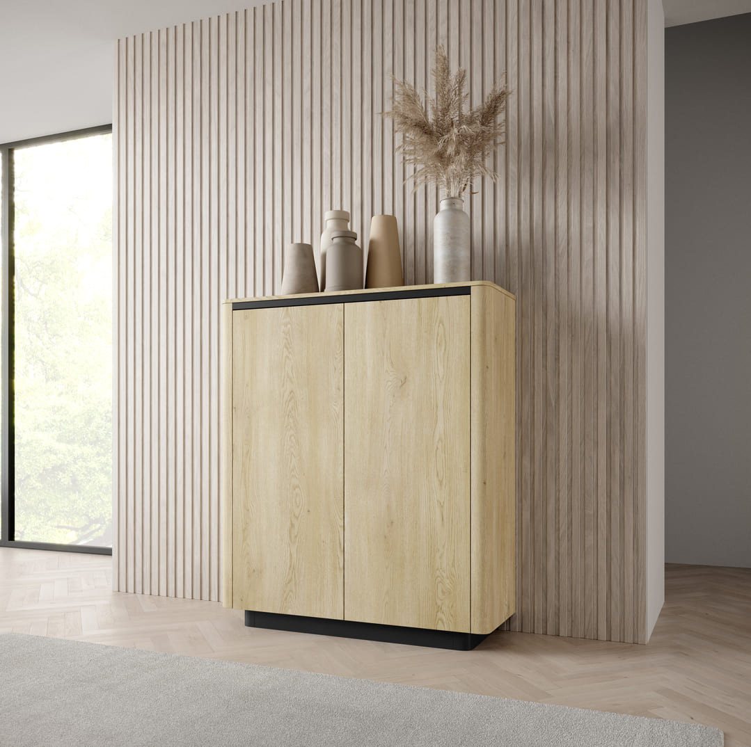 MOEBLO Hochkommode TARO 2D (Japandi Minimalismus, Industrial-Chic, Sideboard, Highboard, Komodenschrank, Wohnzimmer, Schlafzimmer, moderne Aufbewahrung, stilvolle Einrichtung, grifflose Türen, Eiche Cremona & Schwarz), (BxHxT): 113,2 x 133,1 x 38,1 cm von MOEBLO
