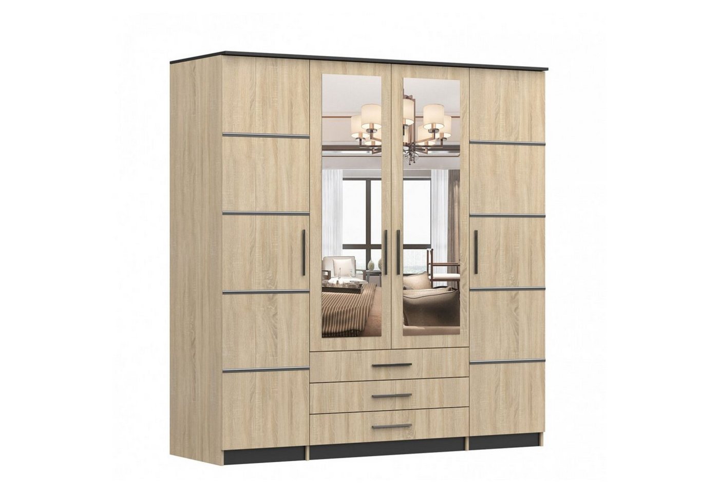 MOEBLO Kleiderschrank ANTIS I 4D (mit Spiegel und Schubladen Kleiderstange und Regale, Sonoma eiche + schwarze einlagen/ Weiß + schwarze Einsätze, Kleiderschrank Schrank Garderobe Schlafzimmer) (B x H x T): 200x208x61 cm von MOEBLO