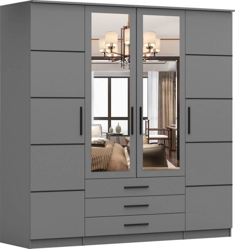 MOEBLO Kleiderschrank ANTIS I 4D (mit Spiegel und Schubladen Kleiderstange und Regale, Sonoma eiche + schwarze einlagen/ Weiß + schwarze Einsätze, Kleiderschrank Schrank Garderobe Schlafzimmer) (B x H x T): 200x208x61 cm von MOEBLO