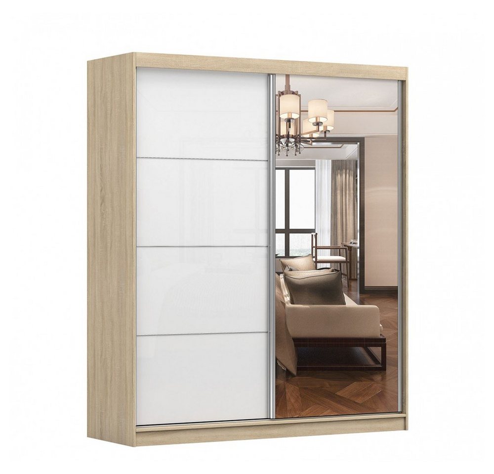 MOEBLO Kleiderschrank BEN 35 (Schwebetürenschrank 2-türig Schrank Garderobe Schiebtüren Schlafzimmer, mit Spiegel Kleiderstange und Regale) (BxHxT):203/183x218x61 cm von MOEBLO