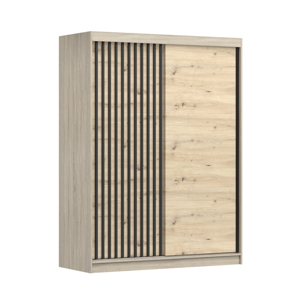 MOEBLO Kleiderschrank BENI 10 (Wohnzimmerschrank mit Spiegel und schwarz Lamellen, Schwebetürenschrank 2-türig Schrank Garderobe Schiebtüren Schlafzimmer) (HxBxT):150x200x61cm von MOEBLO