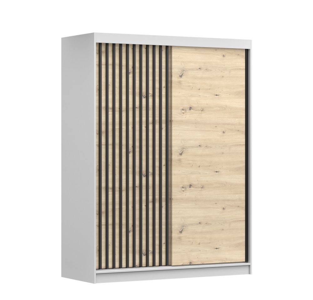 MOEBLO Kleiderschrank BENI 10 (Wohnzimmerschrank mit Spiegel und schwarz Lamellen, Schwebetürenschrank 2-türig Schrank Garderobe Schiebtüren Schlafzimmer) (HxBxT):150x200x61cm von MOEBLO