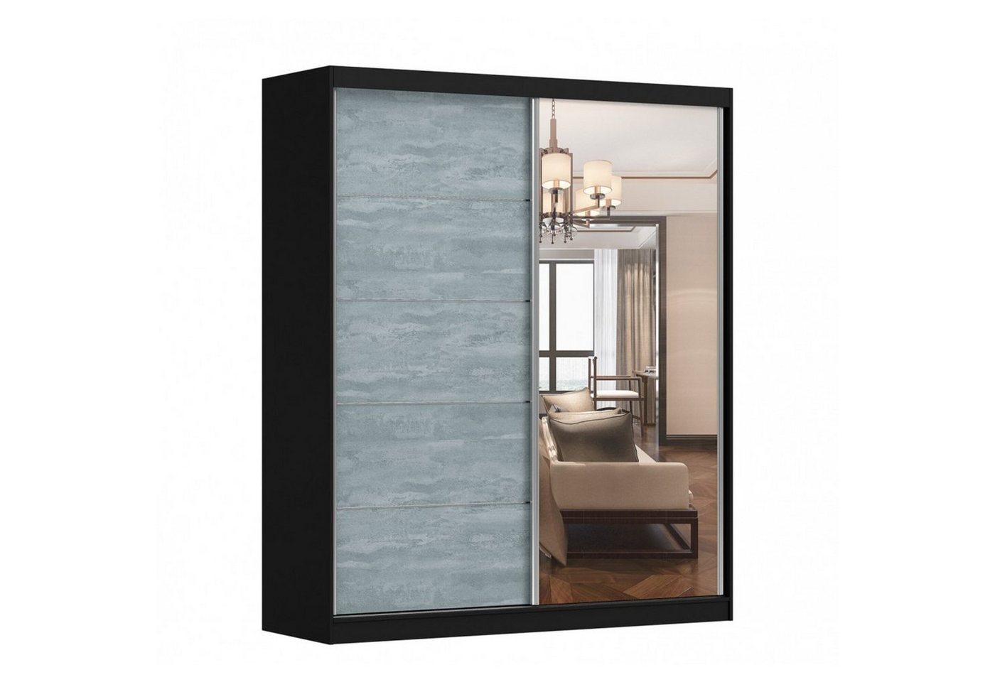 MOEBLO Kleiderschrank Beton (Beton-Optik Fronten mit Spiegel, Schwebetürenschrank 2-türig Schrank Garderobe Schiebtüren Schlafzimmer) (BxHxT):183x218x61cm von MOEBLO