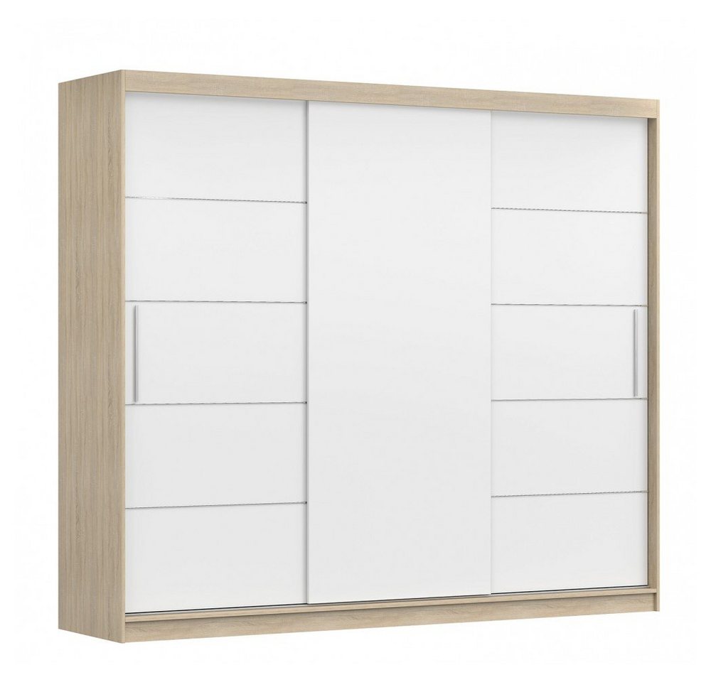 MOEBLO Kleiderschrank ELBA II (Schwebetürenschrank 2-türig Schrank Garderobe Schiebtüren Schlafzimmer, Dekorative Aluminiumleisten, Kleiderstange und Regale) (BxHxT):250x218x61 cm von MOEBLO