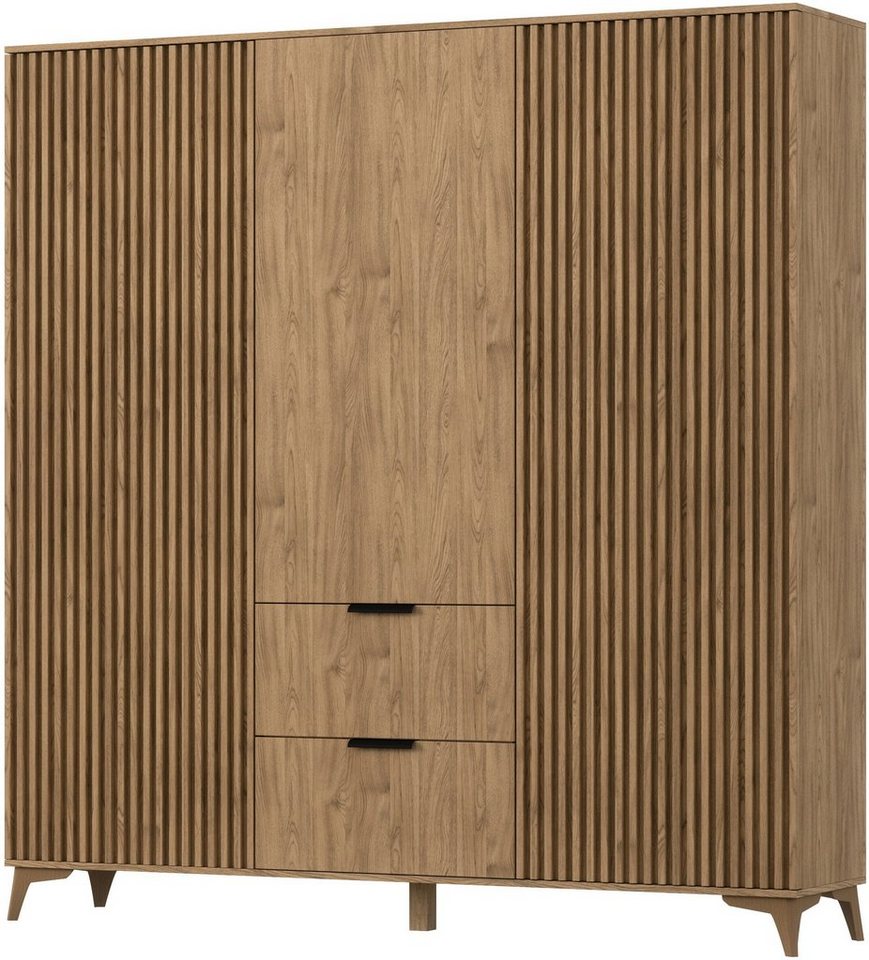 MOEBLO Kleiderschrank Entia (Kleiderschrank 2-türig Schrank Garderobe Schlafzimmer, Eiche Artisan, mit Lamellen Kleiderstange und Regale, mit Schubladen) (HxTxB):192x60x185 cm von MOEBLO