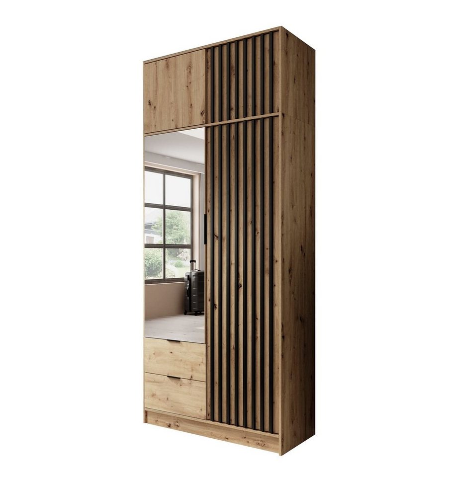 MOEBLO Kleiderschrank JOHN mit Erweiterung (Latten aus Holz, Loft Stil IndustrieSchrank Aufbewahrungsschrank (Spannstange) mit Regalböden, Schlafzimmerschrank mit 2/3/4 drehbaren Türen, 2 Schubladen) (BxHxT): 105/155/206x250x51 cm von MOEBLO