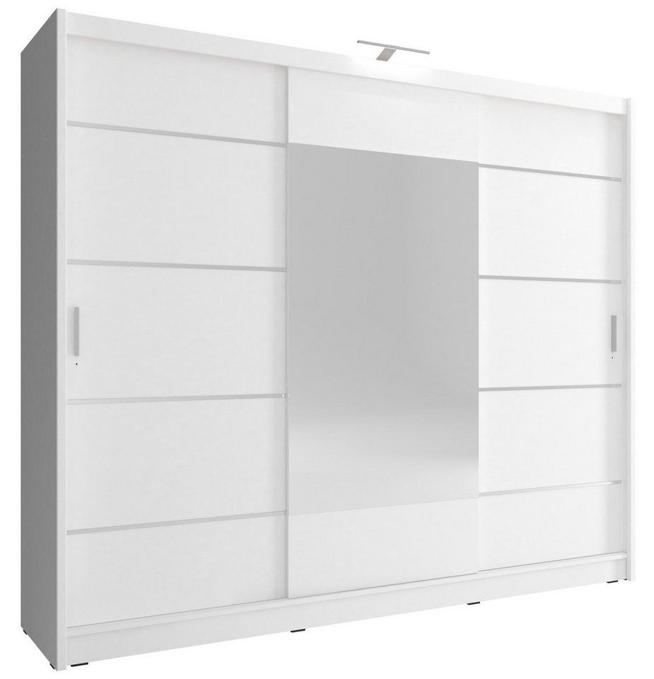 MOEBLO Kleiderschrank KUBA 250 ALU (Dekorative Aluminiumleisten, Wohnzimmerschrank 3-türig Schrank mit Spiegel Gaderobe Schiebtüren, Schwebetürenschrank mit Einlegeböden und Kleiderstange) (BxHxT): 250x200x214x62 cm von MOEBLO