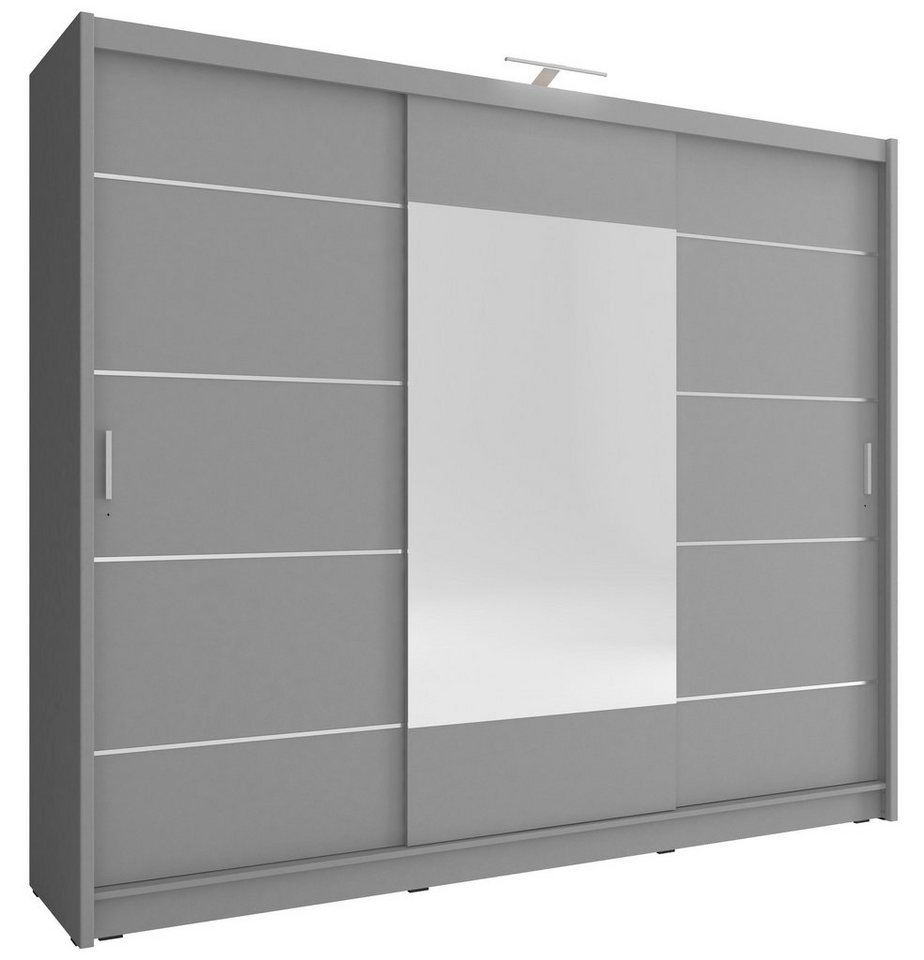 MOEBLO Kleiderschrank KUBA 250 ALU (Dekorative Aluminiumleisten, Wohnzimmerschrank 3-türig Schrank mit Spiegel Gaderobe Schiebtüren, Schwebetürenschrank mit Einlegeböden und Kleiderstange) (BxHxT): 250x200x214x62 cm von MOEBLO