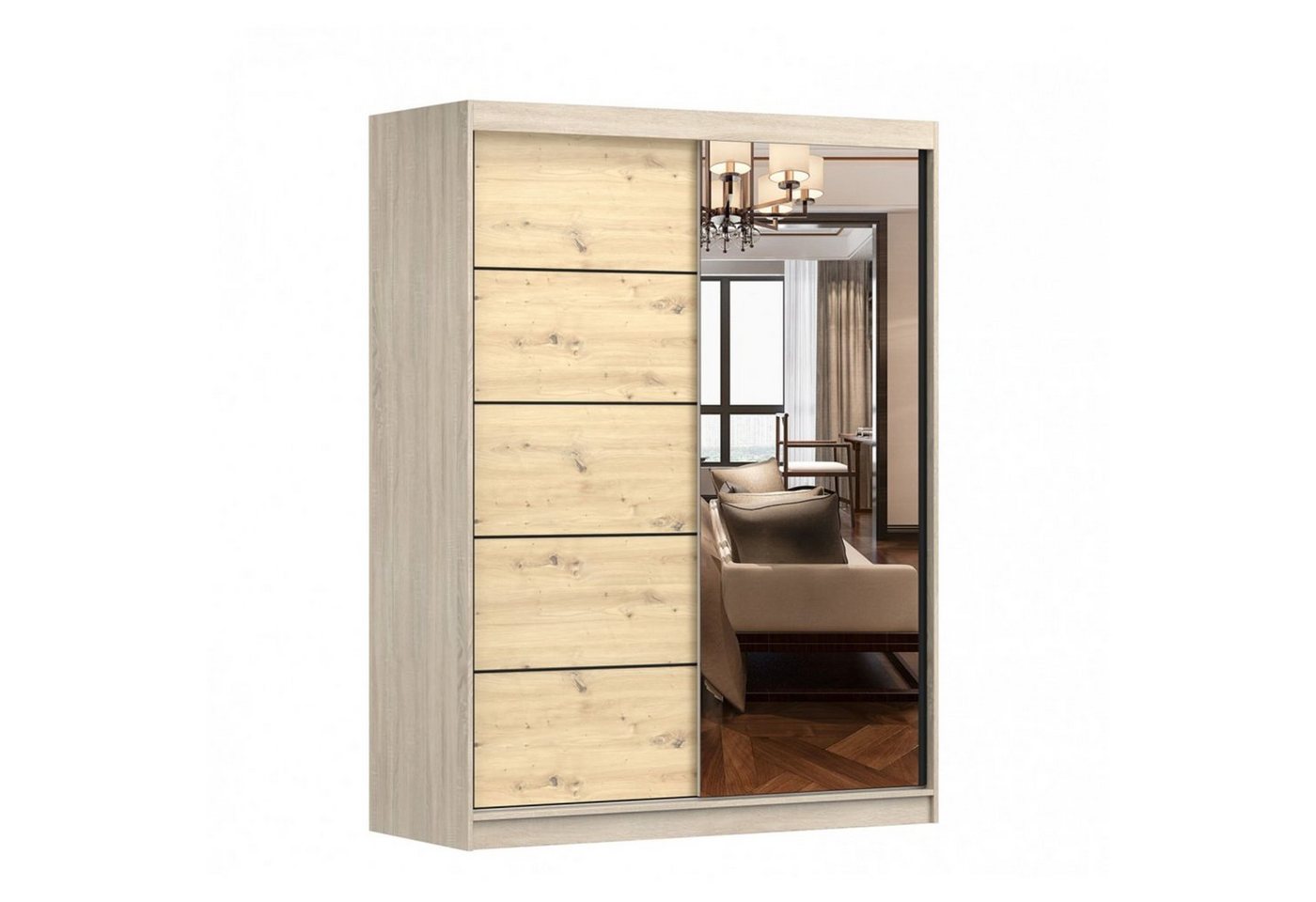 MOEBLO Kleiderschrank LARA 05 (mit Spiegel Schwebetürenschrank 2-türig Schrank mit vielen Einlegeböden und Kleiderstange, Gaderobe Schiebtüren Schlafzimmer-Wohnzimmerschrank Modern Design), (BxHxT): 150x200x61 cm von MOEBLO