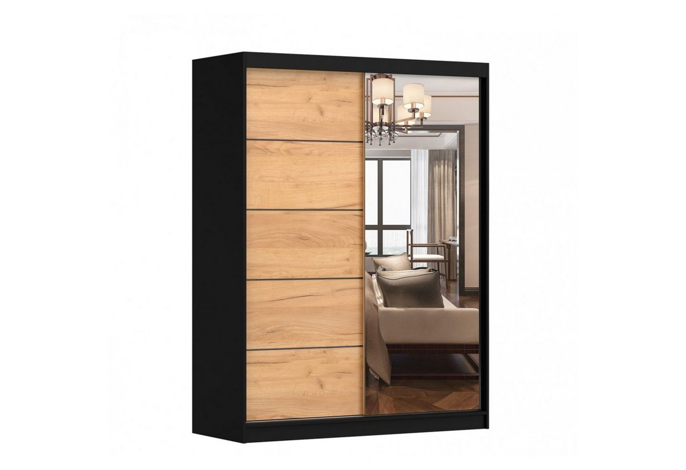 MOEBLO Kleiderschrank LARA 05 (mit Spiegel Schwebetürenschrank 2-türig Schrank mit vielen Einlegeböden und Kleiderstange, Gaderobe Schiebtüren Schlafzimmer-Wohnzimmerschrank Modern Design), (BxHxT): 150x200x61 cm von MOEBLO