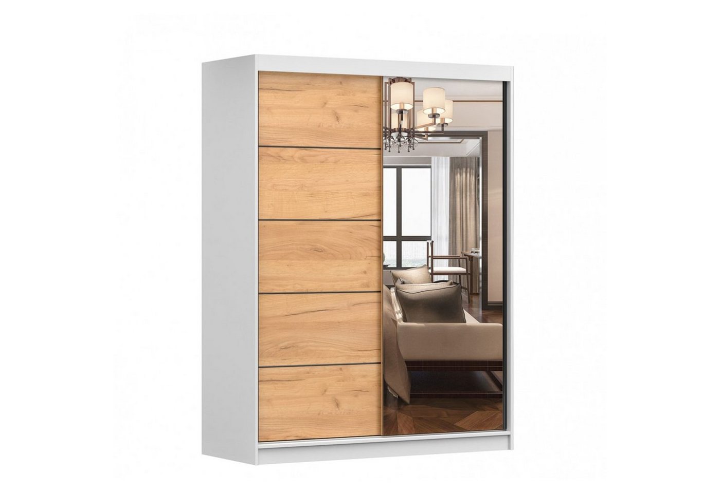 MOEBLO Kleiderschrank LARA 05 (mit Spiegel Schwebetürenschrank 2-türig Schrank mit vielen Einlegeböden und Kleiderstange, Gaderobe Schiebtüren Schlafzimmer-Wohnzimmerschrank Modern Design), (BxHxT): 150x200x61 cm von MOEBLO
