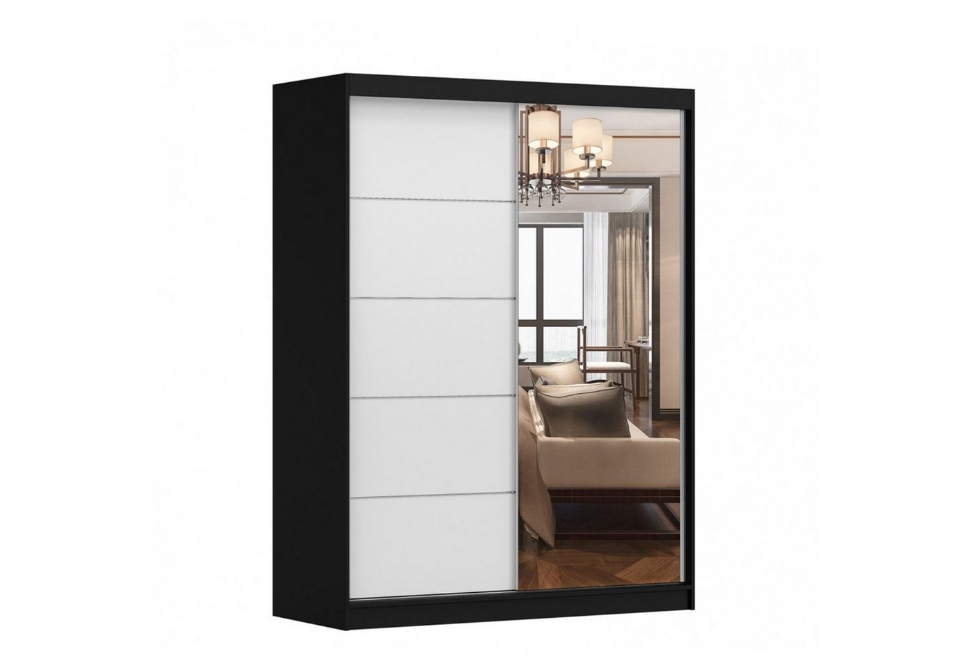 MOEBLO Kleiderschrank LARA 05 (mit Spiegel Schwebetürenschrank 2-türig Schrank mit vielen Einlegeböden und Kleiderstange, Gaderobe Schiebtüren Schlafzimmer-Wohnzimmerschrank Modern Design), (BxHxT): 150x200x61 cm von MOEBLO