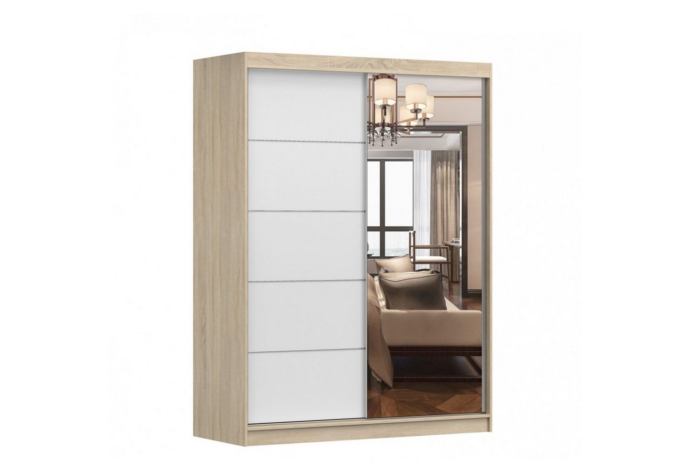 MOEBLO Kleiderschrank LARA 05 (mit Spiegel Schwebetürenschrank 2-türig Schrank mit vielen Einlegeböden und Kleiderstange, Gaderobe Schiebtüren Schlafzimmer-Wohnzimmerschrank Modern Design), (BxHxT): 150x200x61 cm von MOEBLO