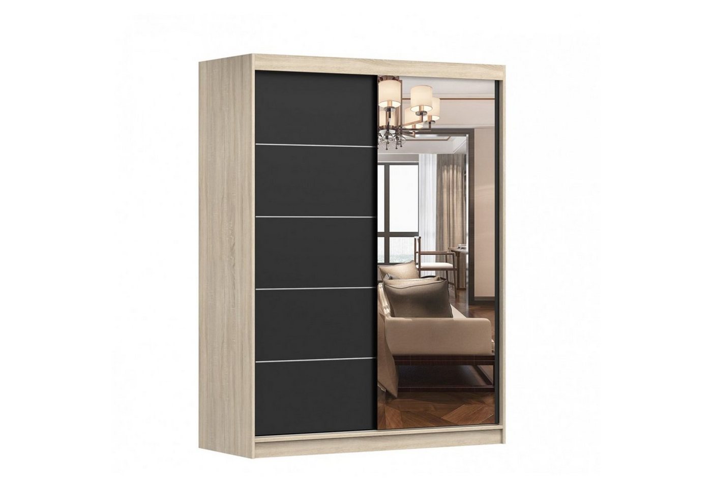 MOEBLO Kleiderschrank LARA 05 (mit Spiegel Schwebetürenschrank 2-türig Schrank mit vielen Einlegeböden und Kleiderstange, Gaderobe Schiebtüren Schlafzimmer-Wohnzimmerschrank Modern Design), (BxHxT): 150x200x61 cm von MOEBLO