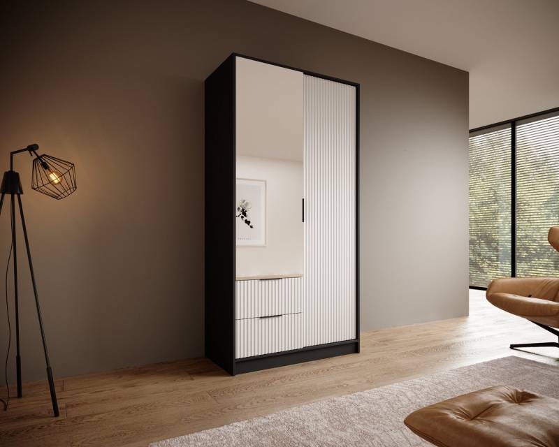MOEBLO Kleiderschrank NOVARA (mit Spiegel und Schubladen, Modernes Design trifft funktionale Eleganz, Geriffelte Fronten, Schrank Garderobe Schlafzimmer Drehtürenschrank) (BxHxT): 100/150/200x200x51 cm von MOEBLO