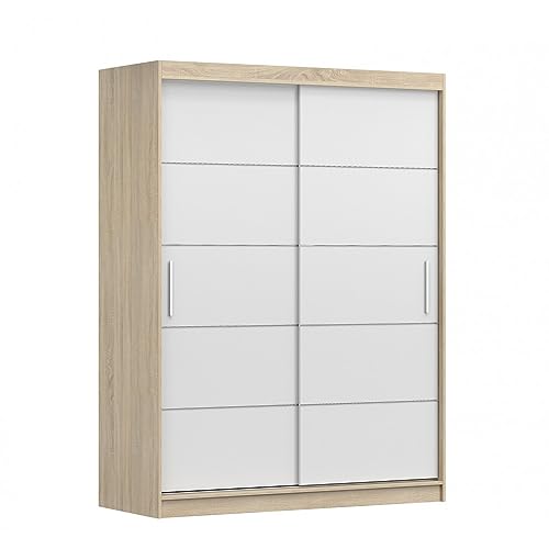 MOEBLO Kleiderschrank Schwebetürenschrank 2-türig Schrank mit vielen Einlegeböden und Kleiderstange Gaderobe Schiebtüren BxHxT 150x200x61 - Lara 6 (Sonoma + Weiß) von MOEBLO