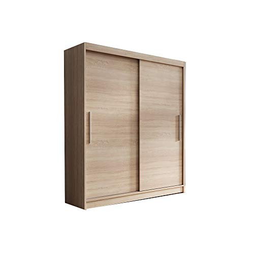 MOEBLO Kleiderschrank Schwebetürenschrankmit Spiegel 2-türig Schrank mit 6 Einlegeböden und Kleiderstange Gaderobe Schiebtüren BxHxT 150x200x61 Lara 04 (Sonoma + Sonoma) von MOEBLO