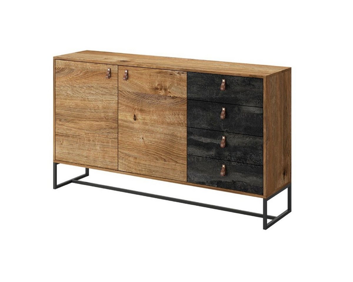 MOEBLO Kommode BENO BK153 (Moderne Wohnzimmer Schlafzimmer Möbel für Wohnzimmer Schrank Griffe aus Leder, Sideboard mit 2 Türen und 4 Schubladen, Füße aus Metall), (BxHxT): 153x89x36 cm von MOEBLO