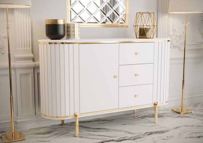 MOEBLO Kommode DALLAS (Moderne Kommode mit Schublade Sideboard Schrank Highboard Goldene Türgriffe, Wohnzimmer, Esszimmer, Flur & Diele), dekorative Riffelung von MOEBLO