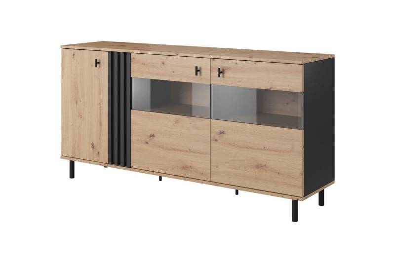 MOEBLO Kommode DEZMA E 3D - VITRINE (Artisan Eiche + Anthrazit + LED, mit Lamellen Sideboard Wohnzimmer Kommode Schlafzimmer Komodenschrank Glasvitrine), (BxHxT): 165x83x40 cm von MOEBLO