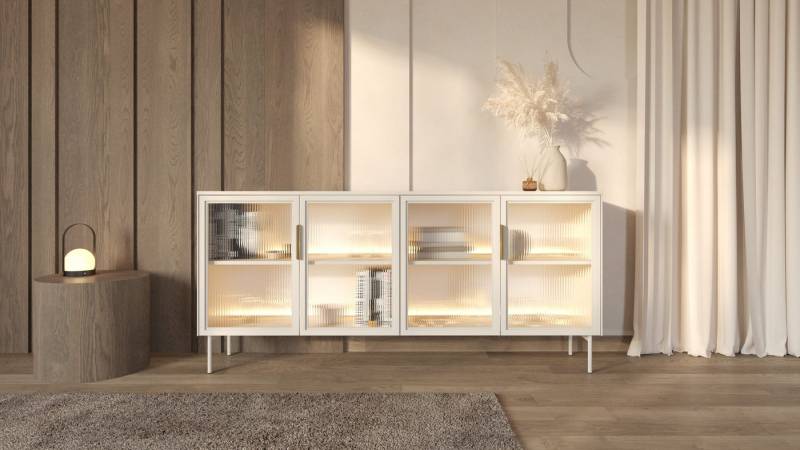 MOEBLO Kommode ELOA 181 4d (Elegantes Sideboard mit LED-Beleuchtung, Ornamentglas & gehärtetem Glas, Metallakzenten, Hochwertige Aufbewahrung in Kaschmir oder Eiche Dunin, Sideboard Wohnzimmer Kommode Schlafzimmer Komodenschrank), (BxHxT): 181,3 x 82,6 x 39,3 cm MOEBLO Kommode ELOA 181 4d (Elegantes Sideboard mit LED-Beleuchtung, Ornamentglas & gehärtetem Glas, Metallakzenten, Hochwertige Aufbewahrung in Kaschmir oder Eiche Dunin, Sideboard Wohnzimmer Kommode Schlafzimmer Komodenschrank), (BxHxT): 181,3 x 82,6 x 39,3 cm von MOEBLO