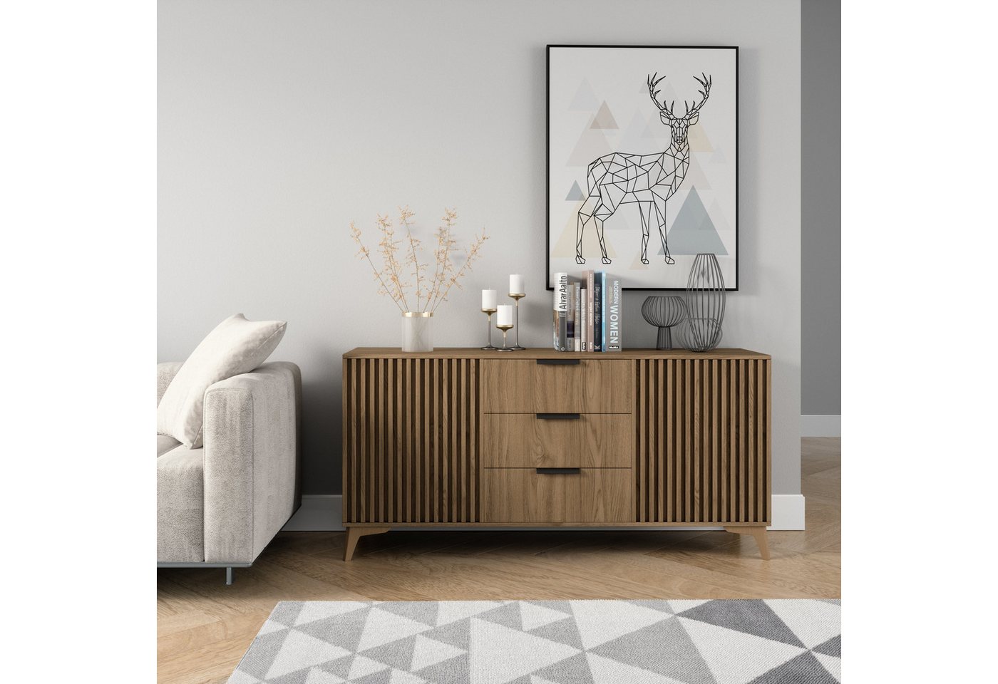 MOEBLO Kommode Entia (Sideboard Wohnzimmer Kommode Schlafzimmer Komodenschrank Highboard, Eiche Artisan mit Schubladen mit Lamellen), (HxTxB):72x40x150 cm von MOEBLO