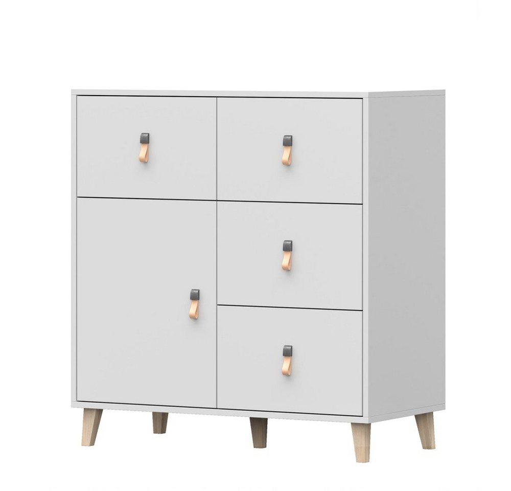 MOEBLO Kommode FAGO 4S1D 03 (Sideboard Wohnzimmer Kommode Schlafzimmer Komodenschrank Highboard, Griffe aus Leder, weiß), (B x H x T): 90x96,50x45 cm von MOEBLO