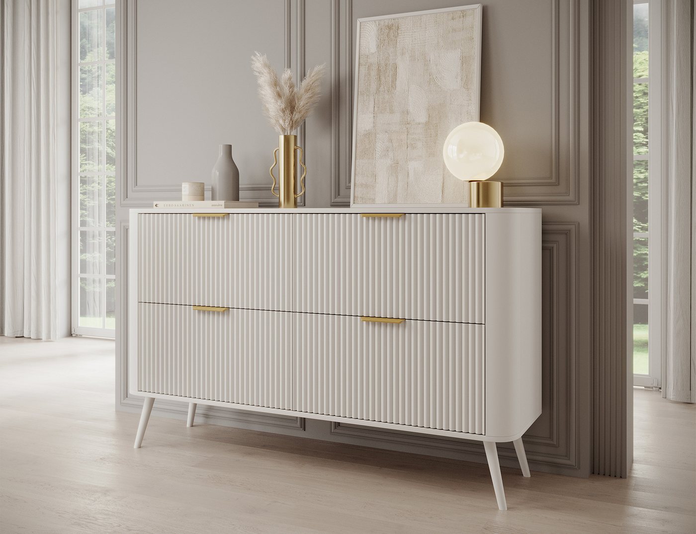 MOEBLO Kommode Ixia (mit geriffelter Front und eleganten goldfarbenen Griffen, 4 Schubladen, modernes Design, moderne Kommode, Wohnzimmer Kommode, Schlafzimmer Kommode, Aufbewahrung, Sideboard Weiß, elegante Kommode), (BxHxT): 150 × 90 × 40 cm MOEBLO Kommode Ixia (mit geriffelter Front und eleganten goldfarbenen Griffen, 4 Schubladen, modernes Design, moderne Kommode, Wohnzimmer Kommode, Schlafzimmer Kommode, Aufbewahrung, Sideboard Weiß, elegante Kommode), (BxHxT): 150 × 90 × 40 cm von MOEBLO