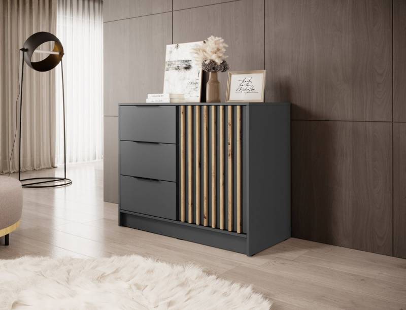 MOEBLO Kommode JOHN 2D (dekorative Lamellen Schrank Sideboard mit Türen und 3 Schubladen, Moderne Wohnzimmer Schlafzimmer Möbel Kommode für Wohnzimmer), (BxHxT): 105x86x45 cm von MOEBLO