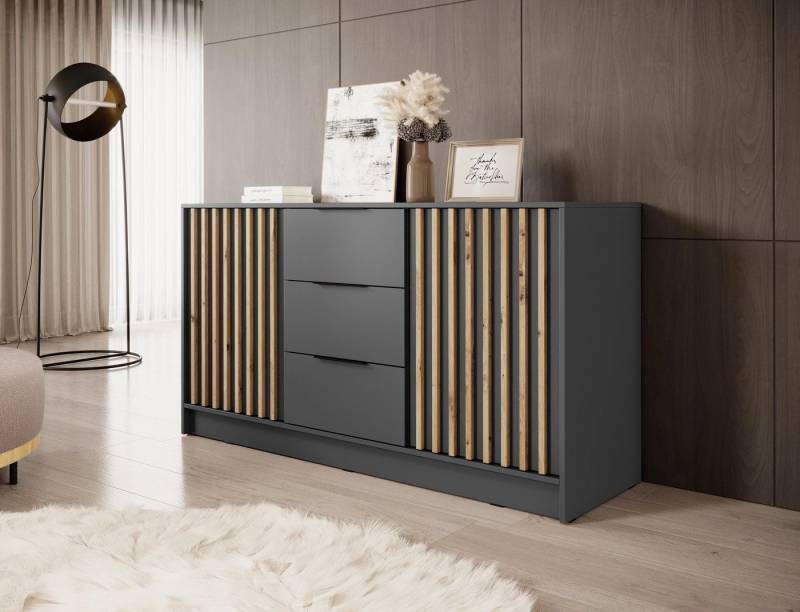 MOEBLO Kommode JOHN 3D (dekorative Lamellen Schrank Sideboard mit 2 Türen und 3 Schubladen, Moderne Wohnzimmer Schlafzimmer Möbel Kommode für Wohnzimmer), (BxHxT): 155x86x45 cm von MOEBLO