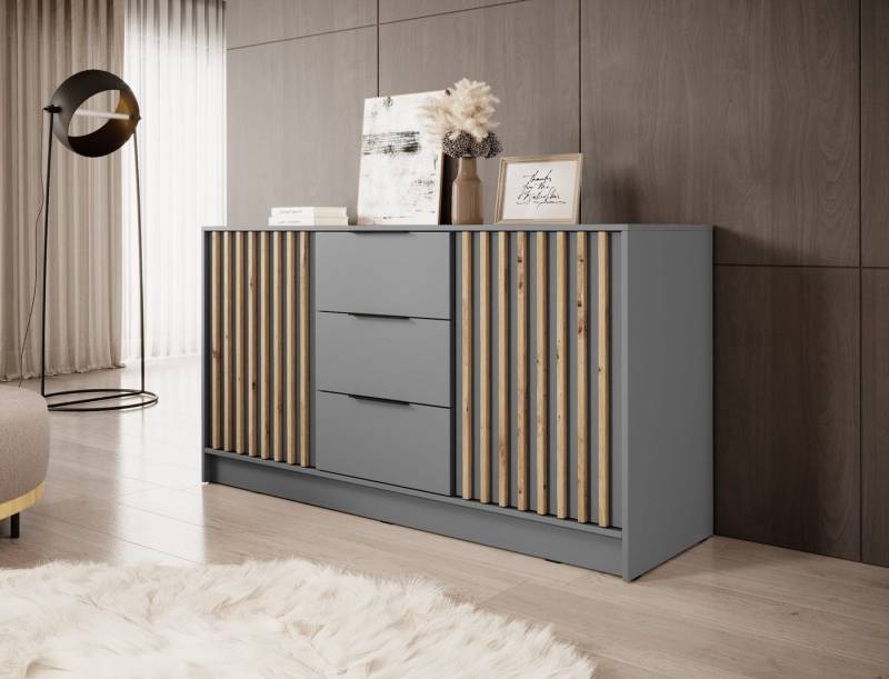 MOEBLO Kommode JOHN 3D (dekorative Lamellen Schrank Sideboard mit 2 Türen und 3 Schubladen, Moderne Wohnzimmer Schlafzimmer Möbel Kommode für Wohnzimmer), (BxHxT): 155x86x45 cm von MOEBLO