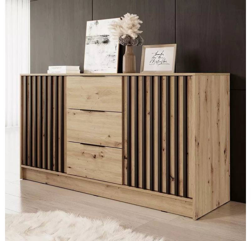 MOEBLO Kommode JOHN 3D (dekorative Lamellen Schrank Sideboard mit 2 Türen und 3 Schubladen, Moderne Wohnzimmer Schlafzimmer Möbel Kommode für Wohnzimmer), (BxHxT): 155x86x45 cm von MOEBLO