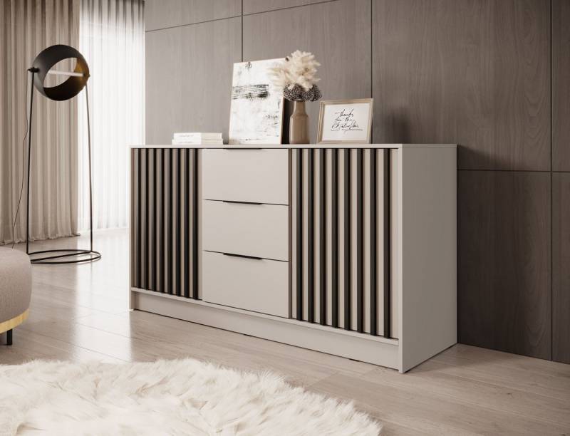 MOEBLO Kommode JOHN 3D (dekorative Lamellen Schrank Sideboard mit 2 Türen und 3 Schubladen, Moderne Wohnzimmer Schlafzimmer Möbel Kommode für Wohnzimmer), (BxHxT): 155x86x45 cm von MOEBLO