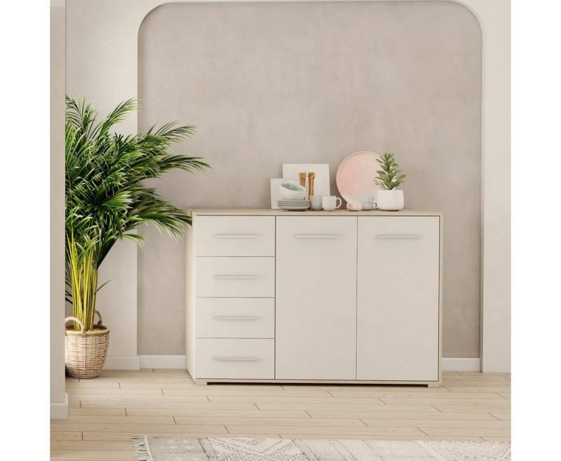 MOEBLO Kommode KOM001 (Kommode Sideboard Schubladenkommode, Highboard Schrank Beistelltisch mit 2 Türen und 4 Schubladen), (BxHxT): 135x95x45 cm von MOEBLO